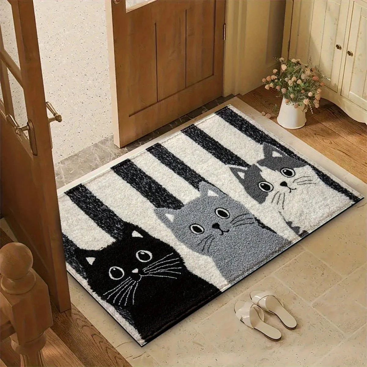 Doormat Water-Resistant Striped Cartoon Cat Design