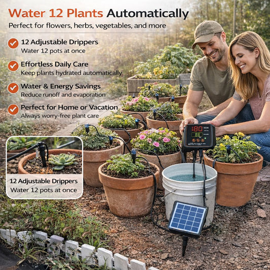 Drip Irrigation System 12-Plant Solar Digital Timer Adjustable Drippers