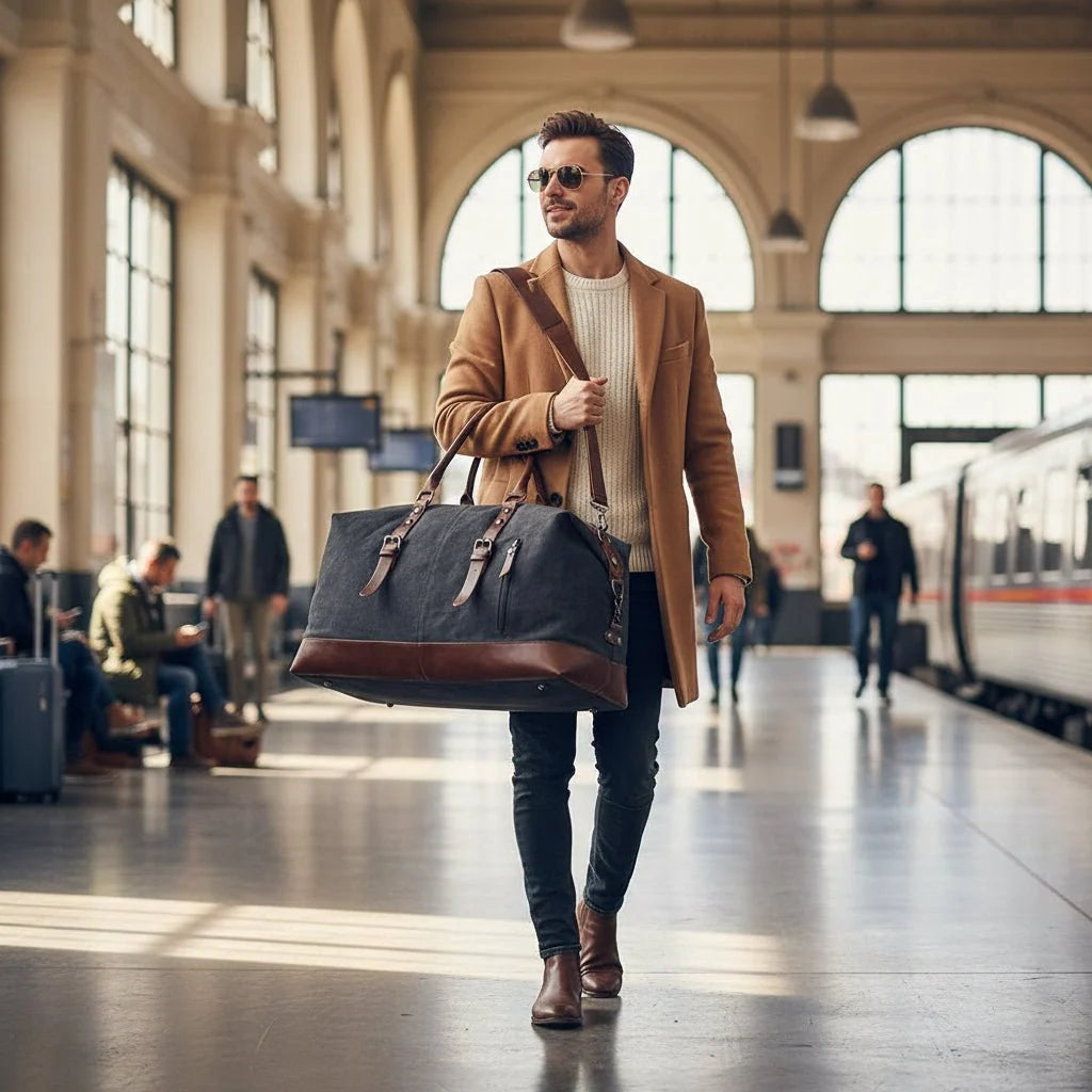 Duffel Bag Canvas & Leather Spacious Travel Design