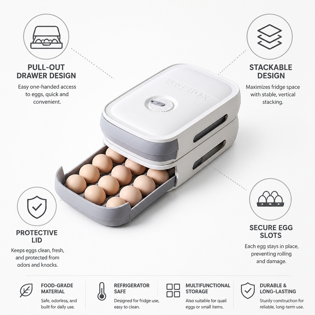 Egg Storage Box Pull-Out Drawer Stackable Protective Lid