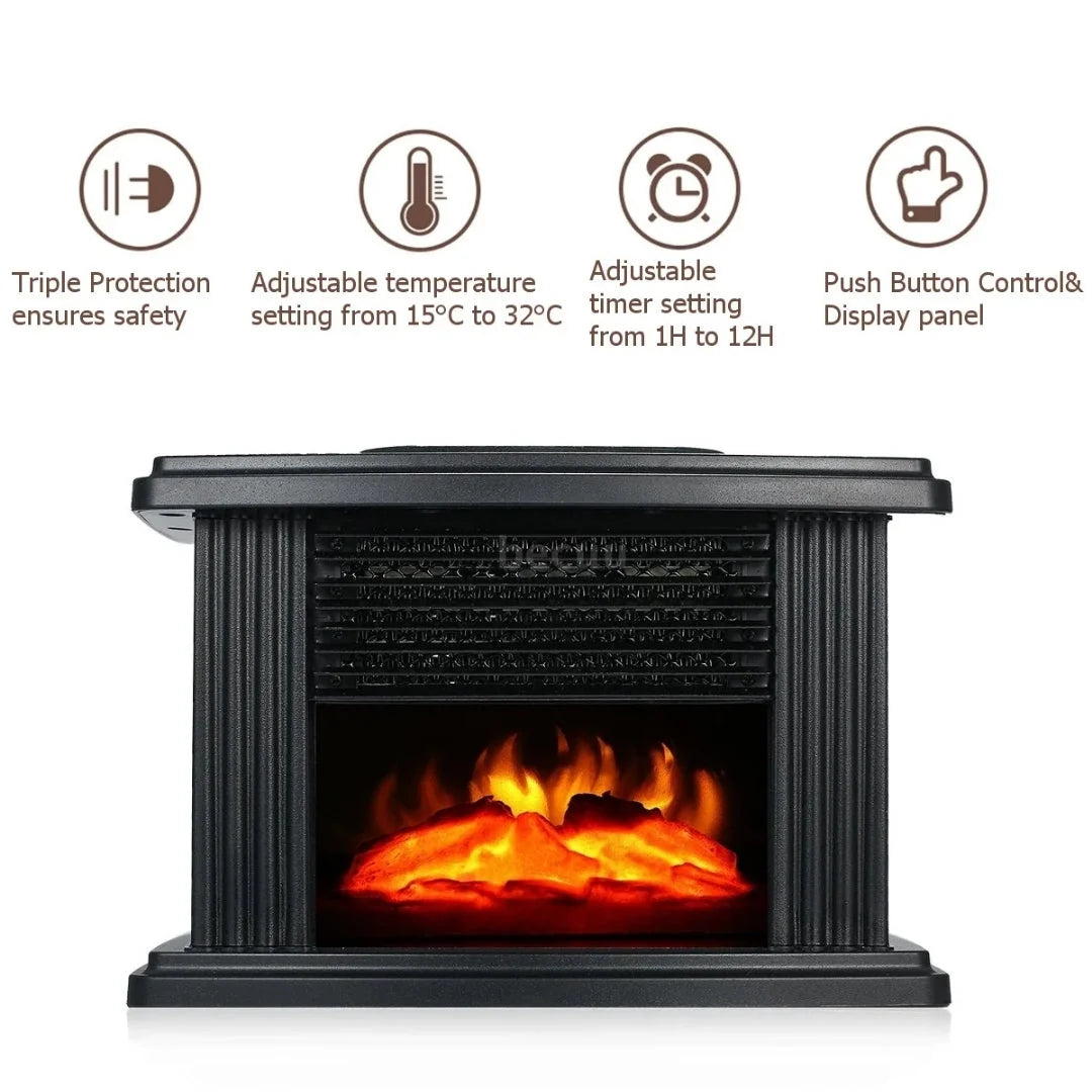 Electric Fireplace Heater Realistic Flame Effect Timer & Digital Display