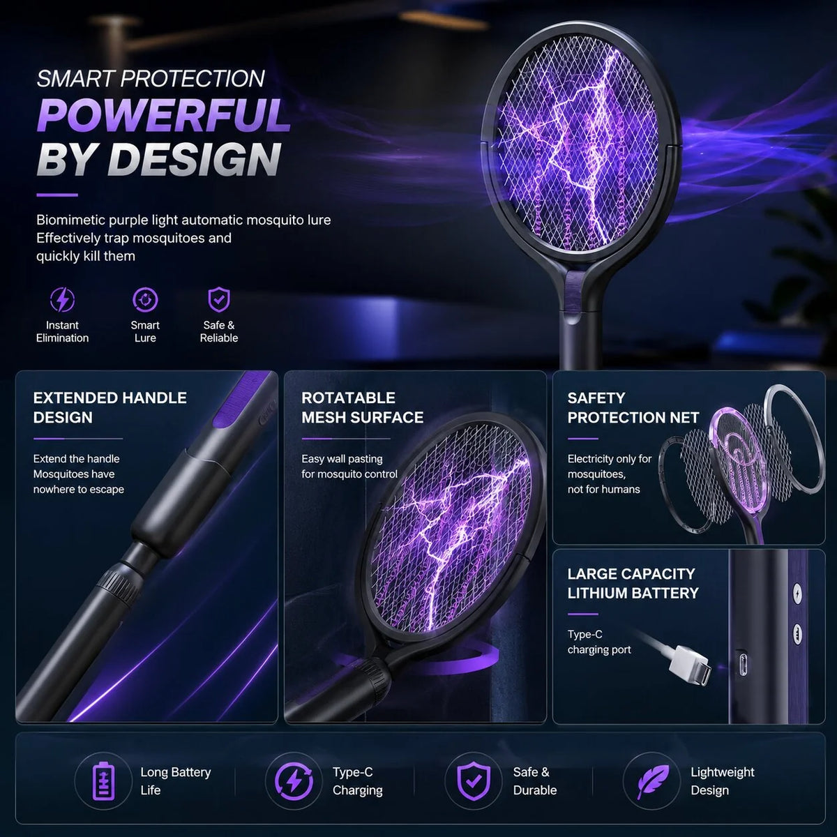 Electric Fly Swatter Telescopic Rotating Head USB-C Rechargeable