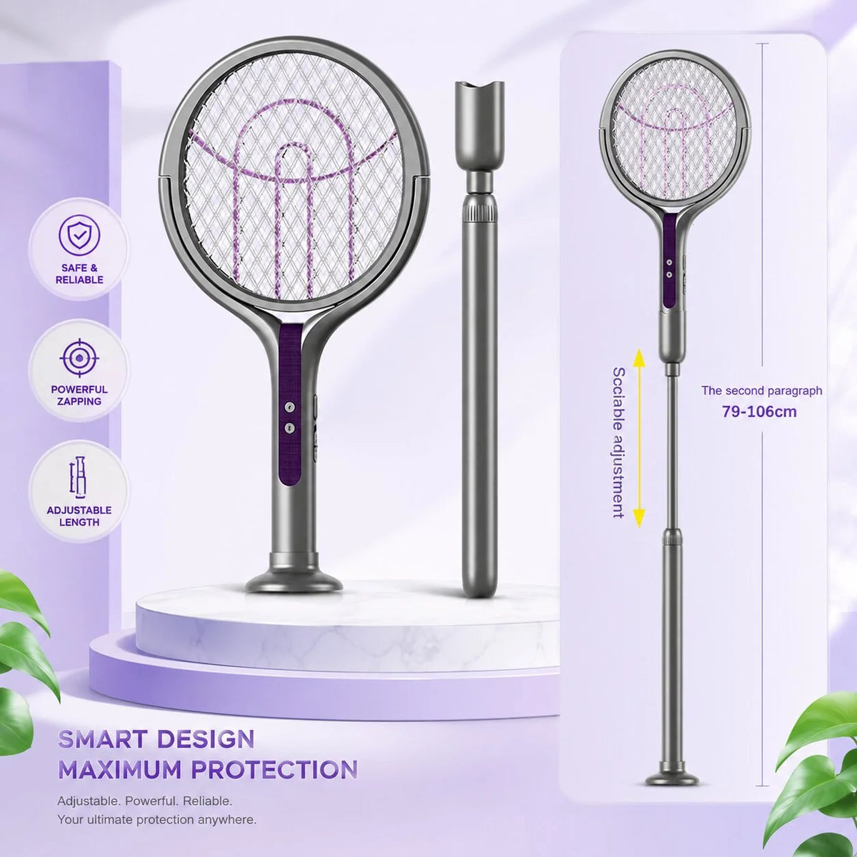 Electric Fly Swatter Telescopic Rotating Head USB-C Rechargeable