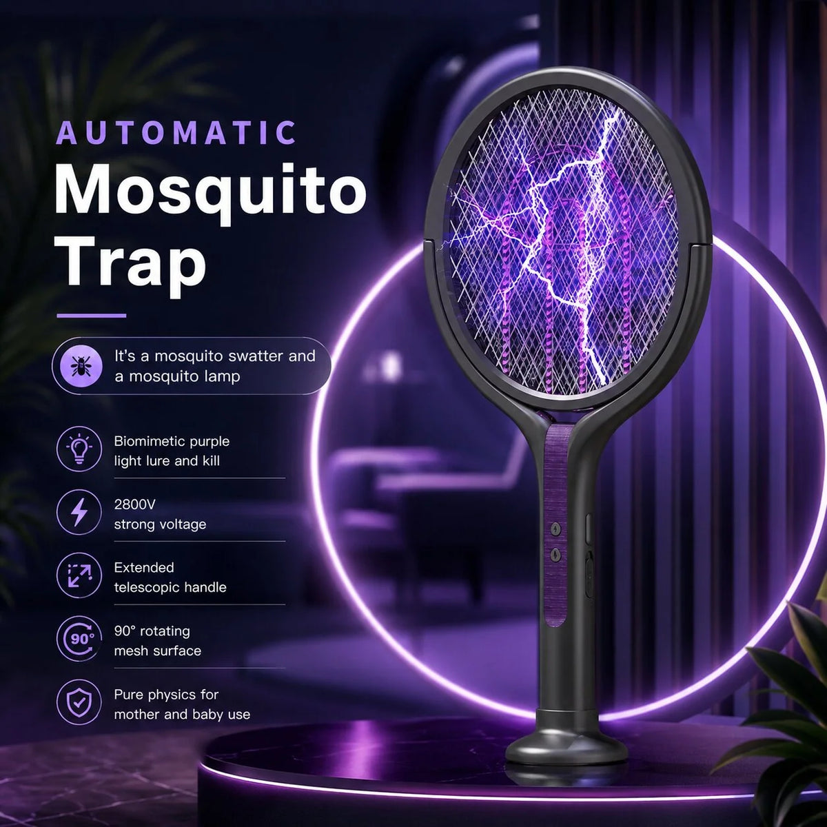 Electric Fly Swatter Telescopic Rotating Head USB-C Rechargeable