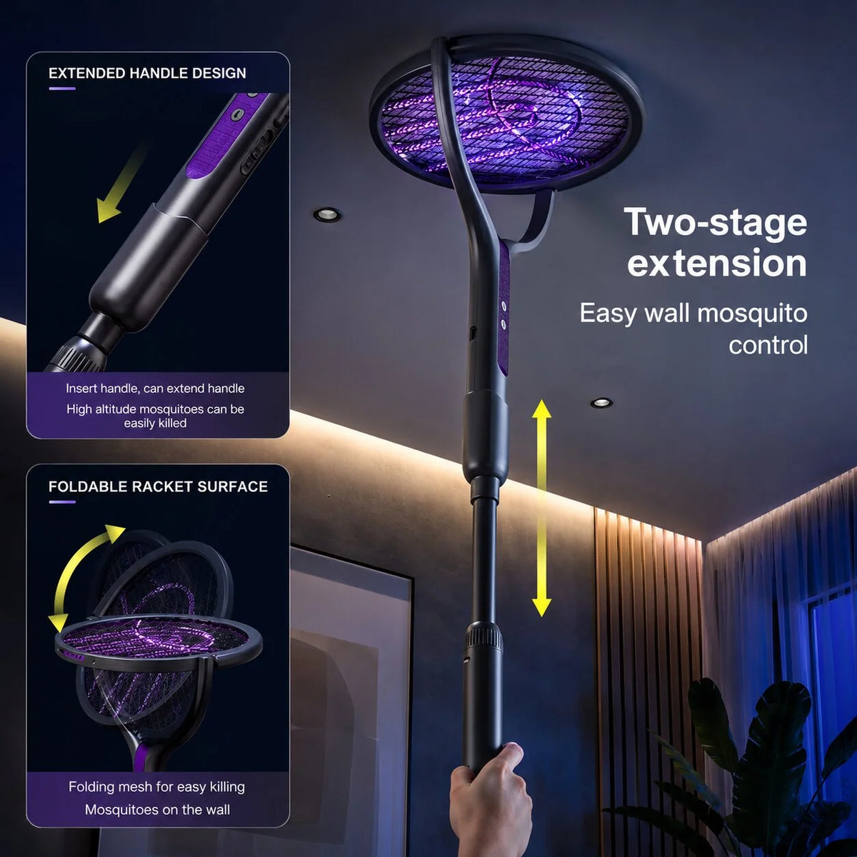 Electric Fly Swatter Telescopic Rotating Head USB-C Rechargeable