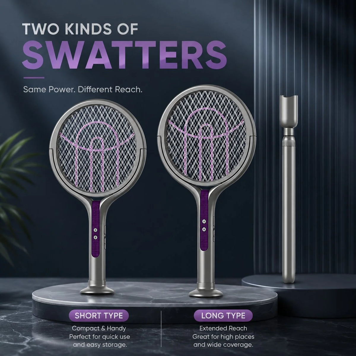 Electric Fly Swatter Telescopic Rotating Head USB-C Rechargeable