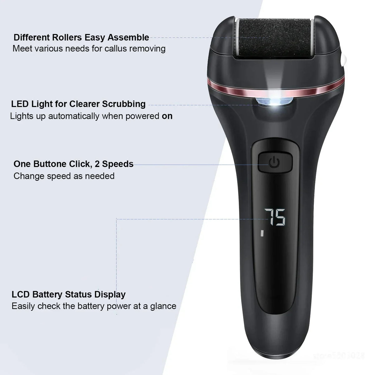 Electric Foot File Rechargeable Waterproof With 3 Rollers