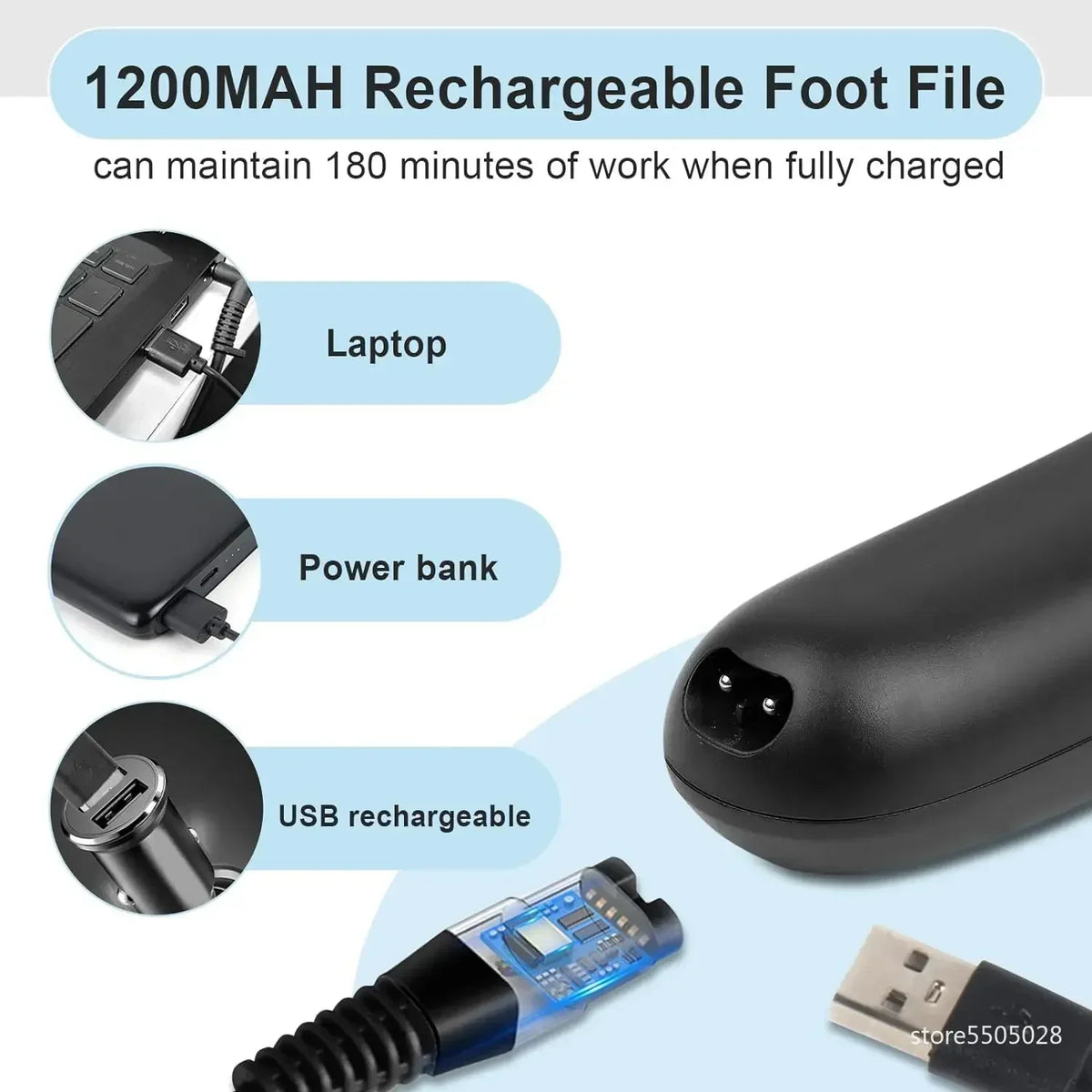 Electric Foot File Rechargeable Waterproof With 3 Rollers