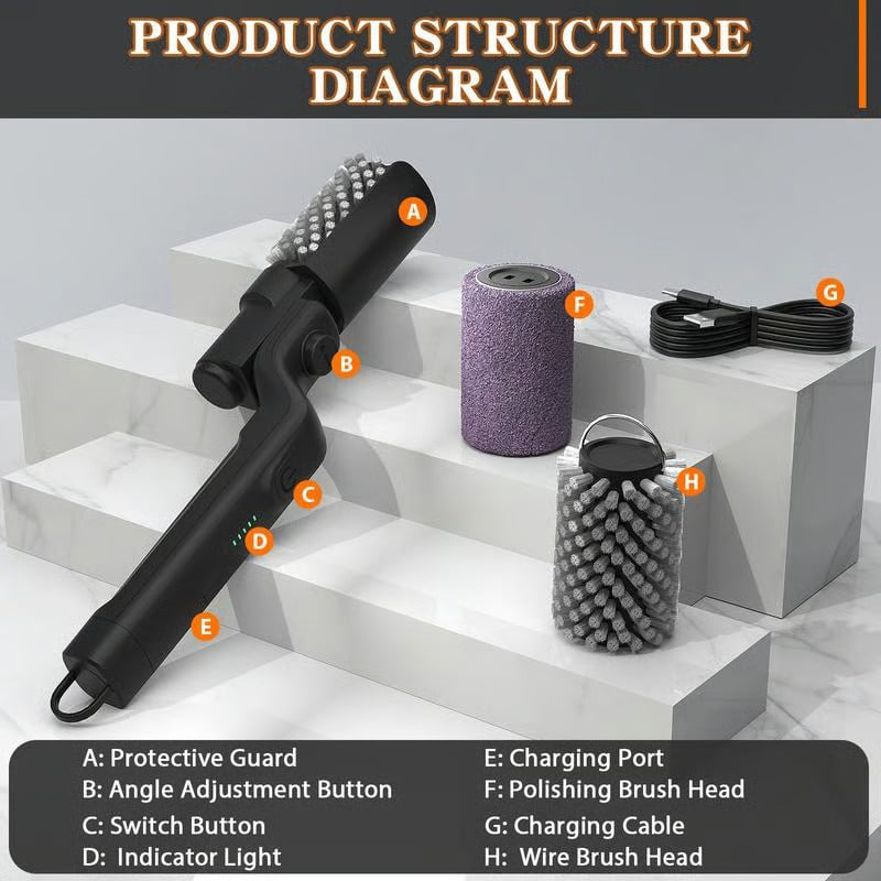 Electric Grill Brush Motorized Rechargeable Stainless Steel Bristles
