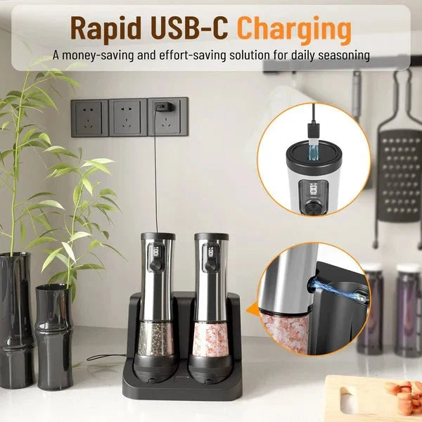 Electric Salt And Pepper Mill Set Rechargeable Adjustable Grind Settings