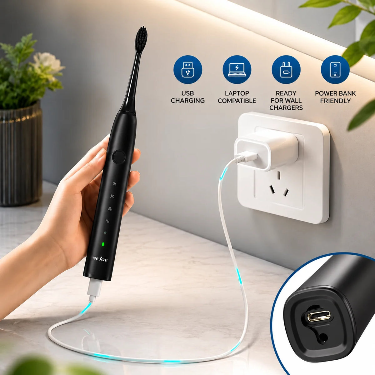 Electric Sonic Toothbrush Five Modes USB Rechargeable with 8 Replacement Heads