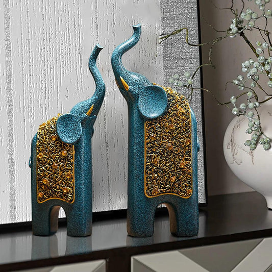 Elephant Figurines Resin Turquoise & Gold Set of 2