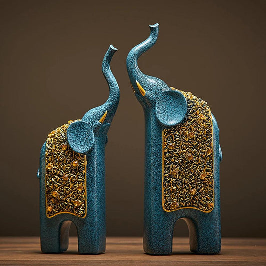 Elephant Figurines Resin Turquoise & Gold Set of 2