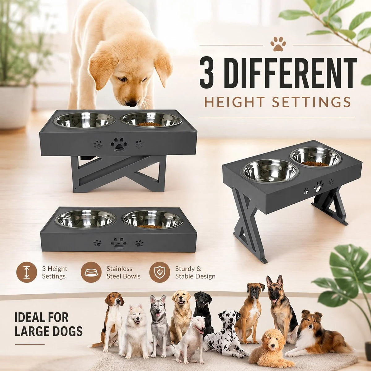 Elevated Pet Feeder Adjustable 3-Position Stainless Steel Bowls