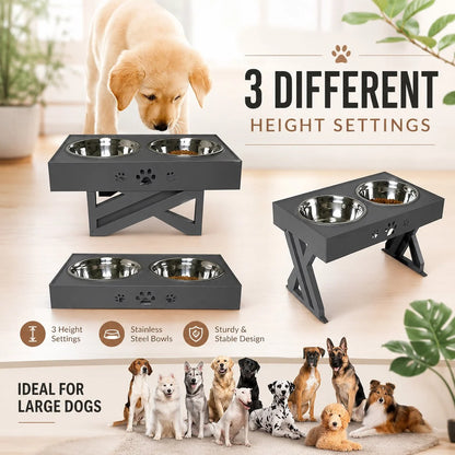 Elevated Pet Feeder Adjustable 3-Position Stainless Steel Bowls