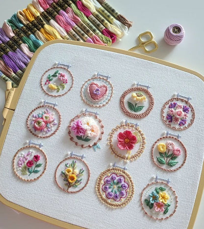 Embroidery Kit Printed Linen 12 Designs Hoop & Threads
