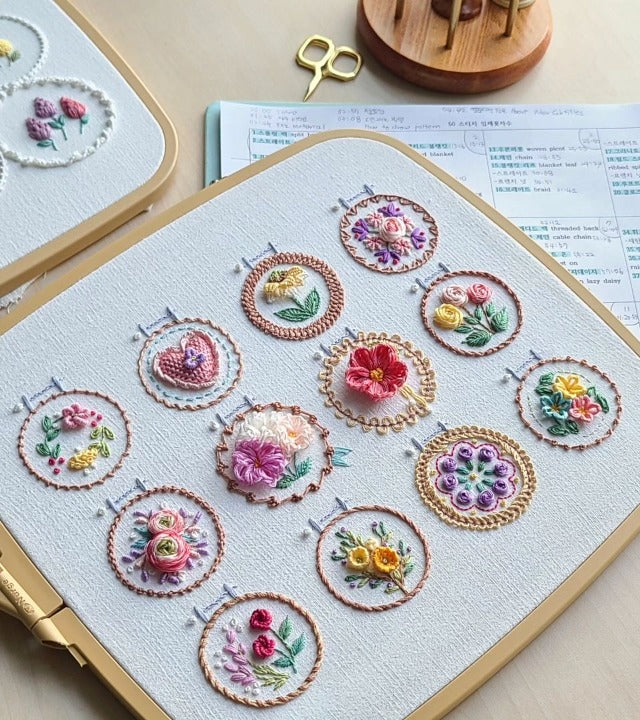 Embroidery Kit Printed Linen 12 Designs Hoop & Threads