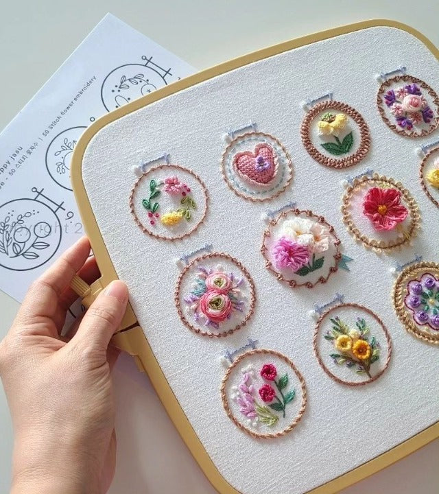 Embroidery Kit Printed Linen 12 Designs Hoop & Threads