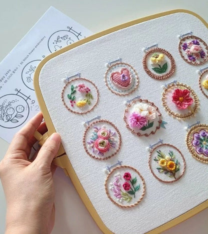 Embroidery Kit Printed Linen 12 Designs Hoop & Threads