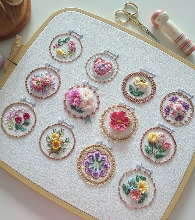 Embroidery Kit Printed Linen 12 Designs Hoop & Threads