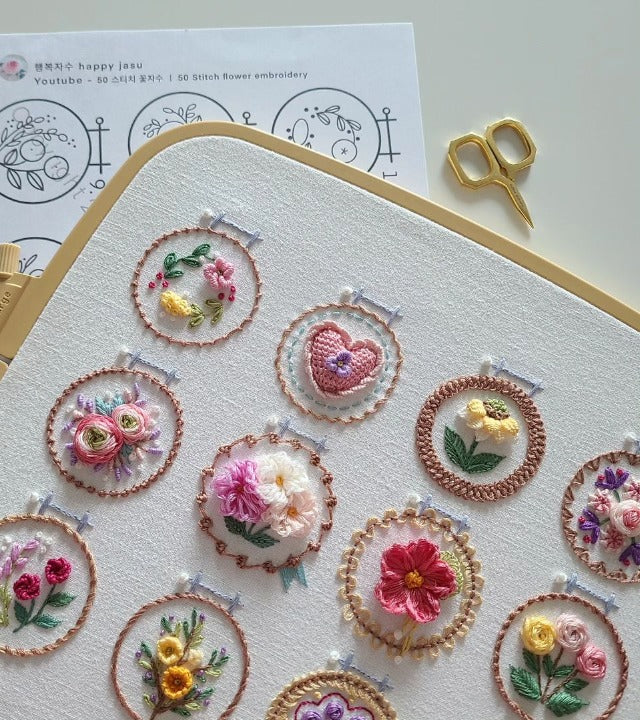 Embroidery Kit Printed Linen 12 Designs Hoop & Threads