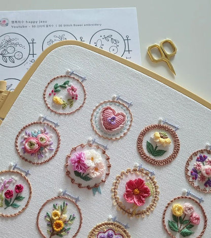 Embroidery Kit Printed Linen 12 Designs Hoop & Threads