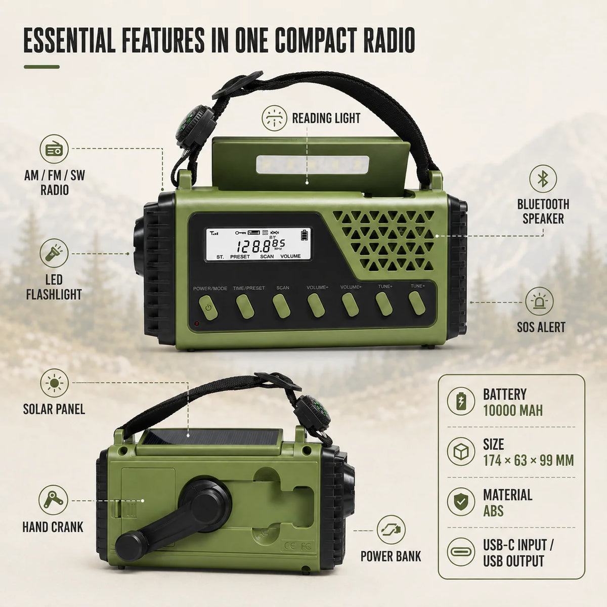 Emergency Radio Hand Crank Solar Charging 10000mAh Power Bank