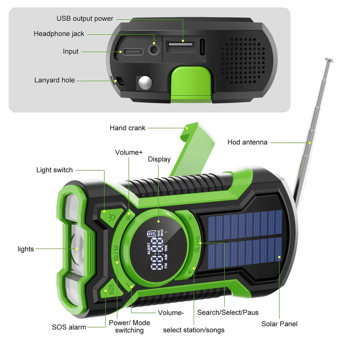 Emergency Radio & Power Bank Solar & Hand Crank Charging