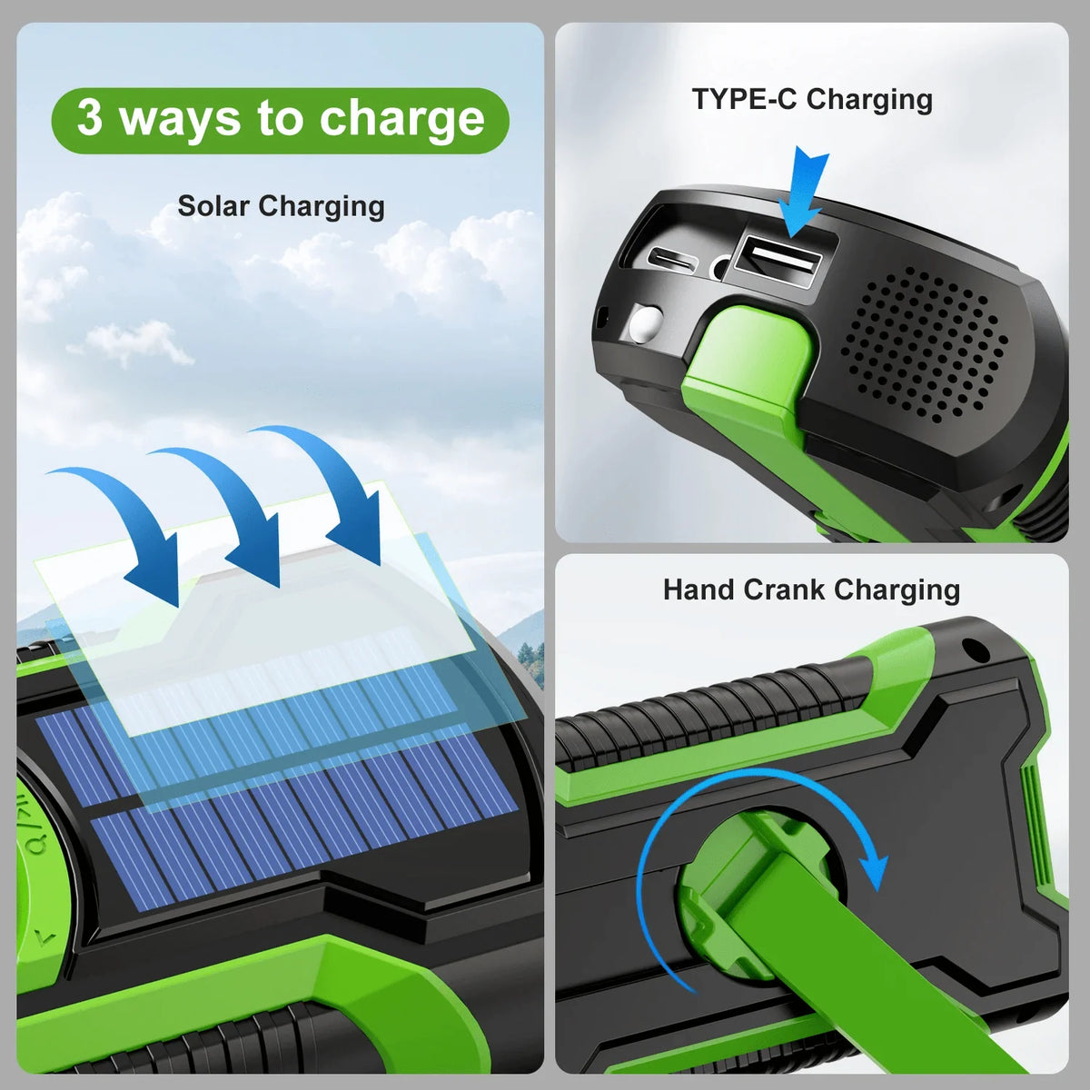 Emergency Radio & Power Bank Solar & Hand Crank Charging