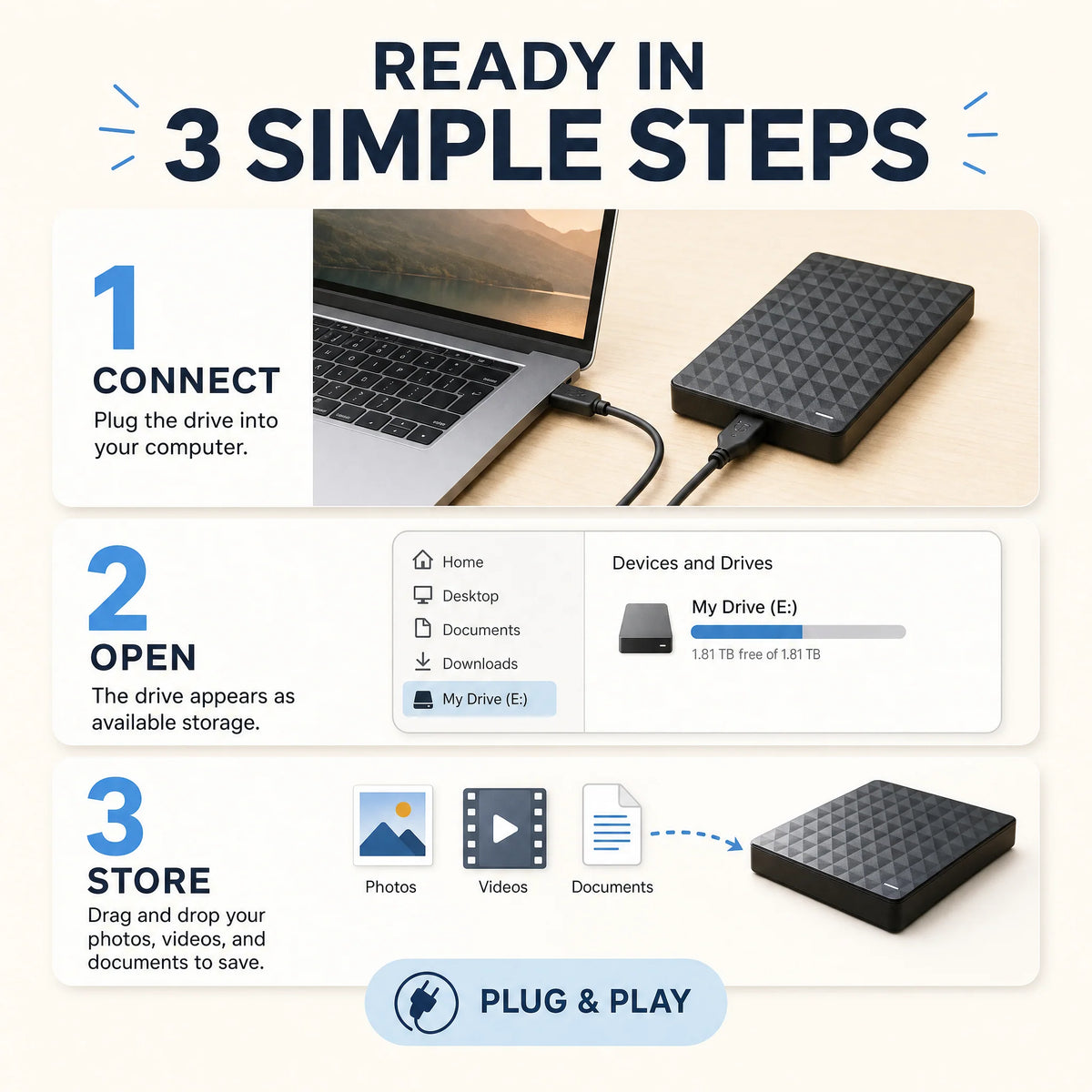 External Hard Drive 10TB USB 3.0 Compact Design