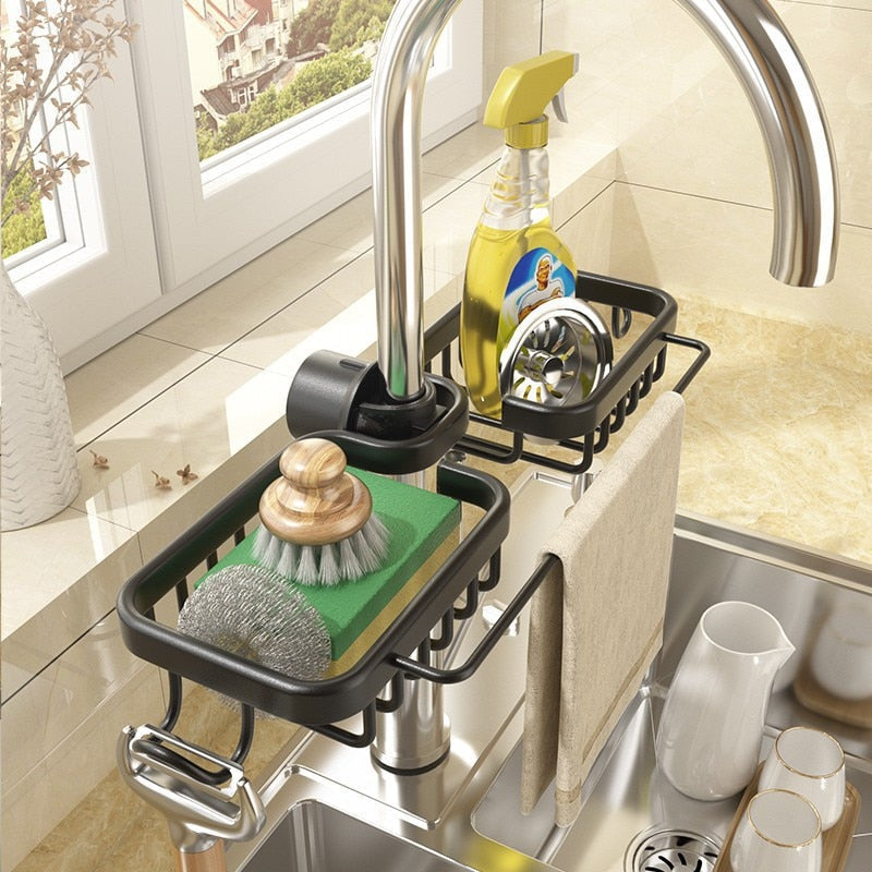 Faucet Sink Organizer Dual Baskets & Towel Bar