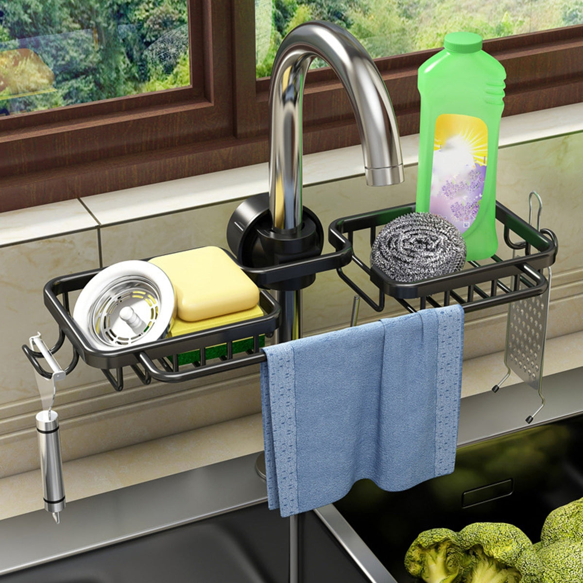 Faucet Sink Organizer Dual Baskets & Towel Bar
