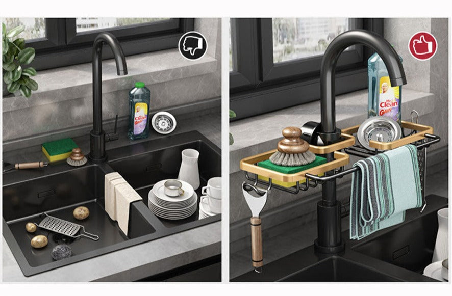 Faucet Sink Organizer Dual Baskets & Towel Bar