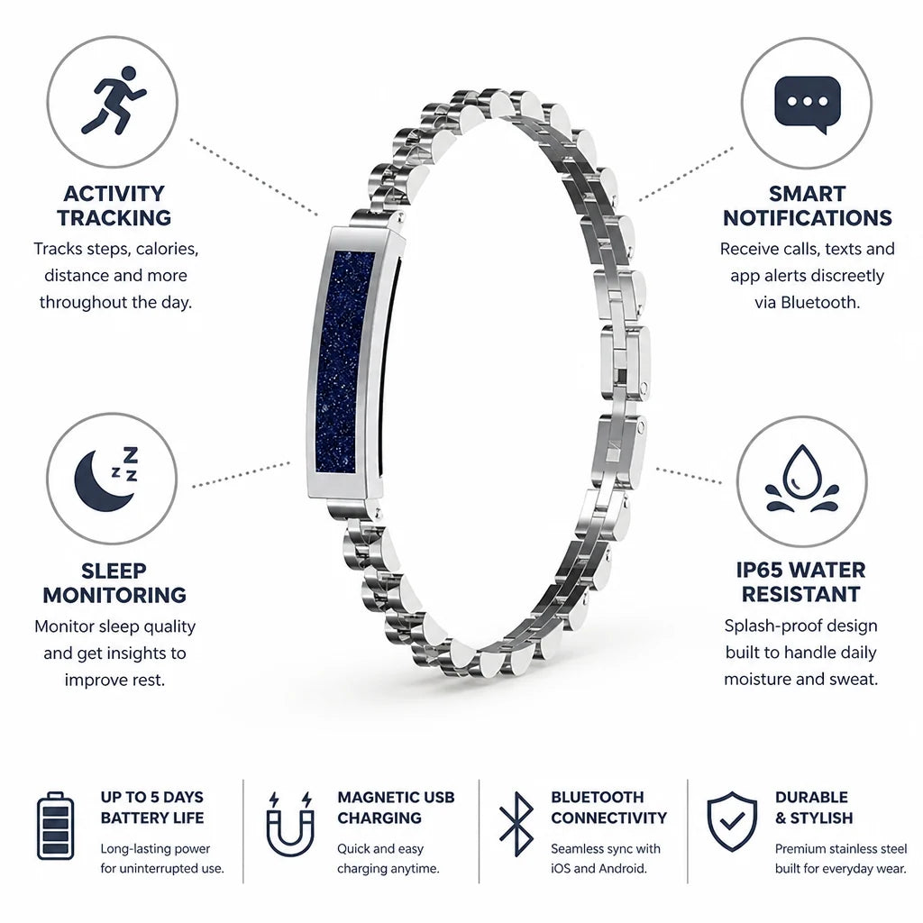 Fitness Tracker Bracelet Screenless Stainless Steel 5-Day Battery Life