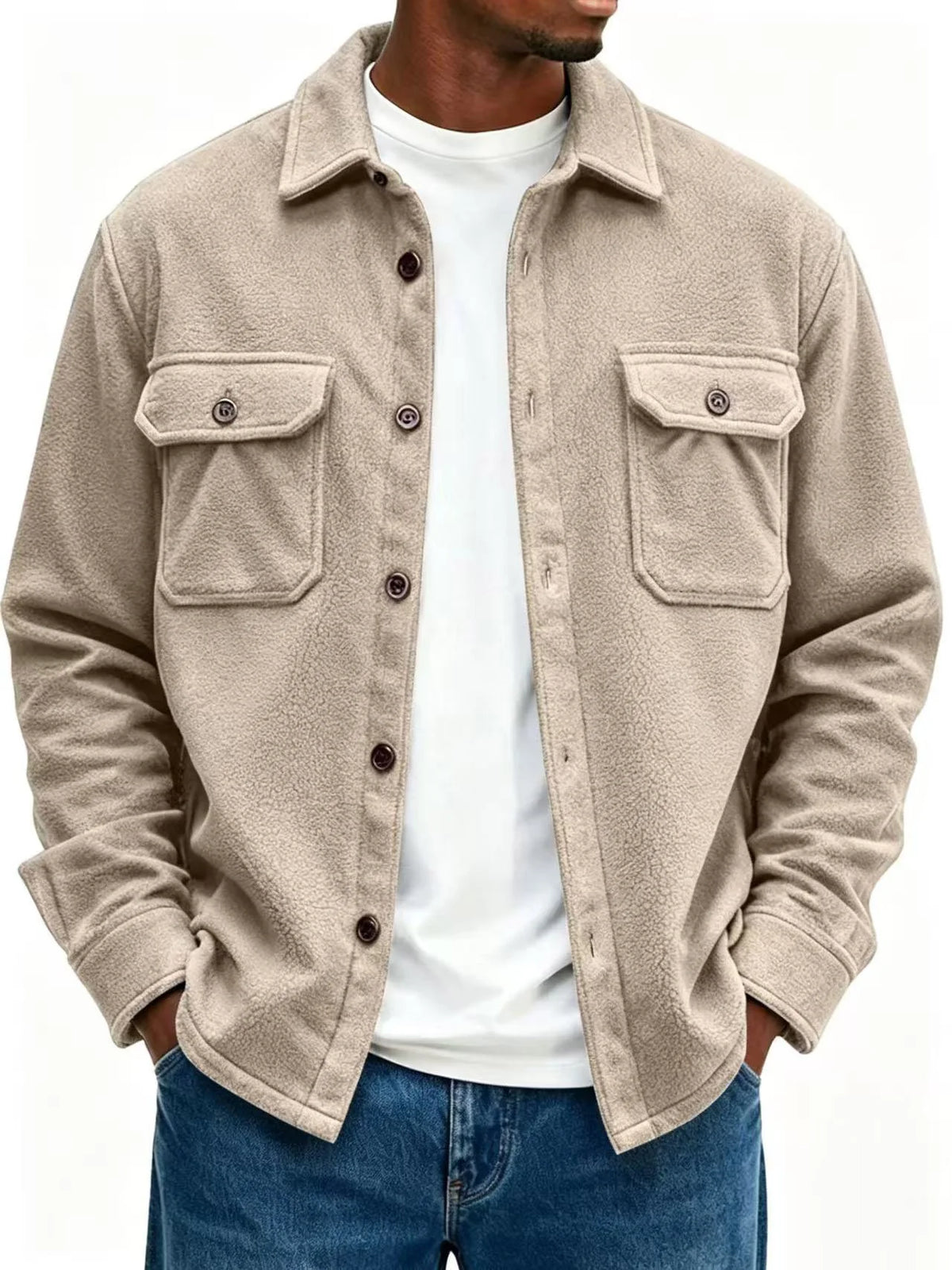 Fleece Overshirt Soft Warmth Snap-Button Front Chest Pockets