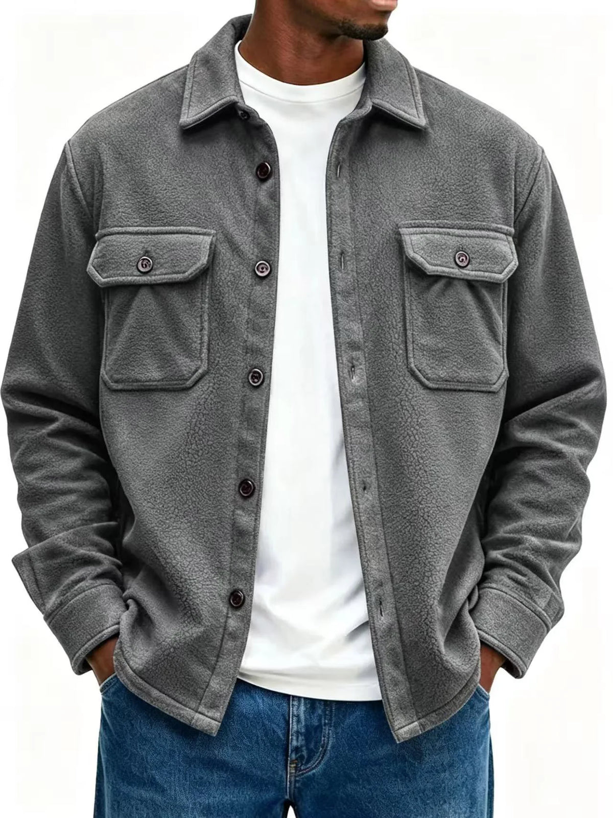 Fleece Overshirt Soft Warmth Snap-Button Front Chest Pockets