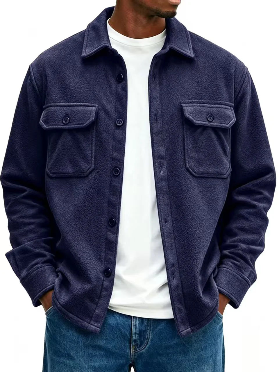 Fleece Overshirt Soft Warmth Snap-Button Front Chest Pockets