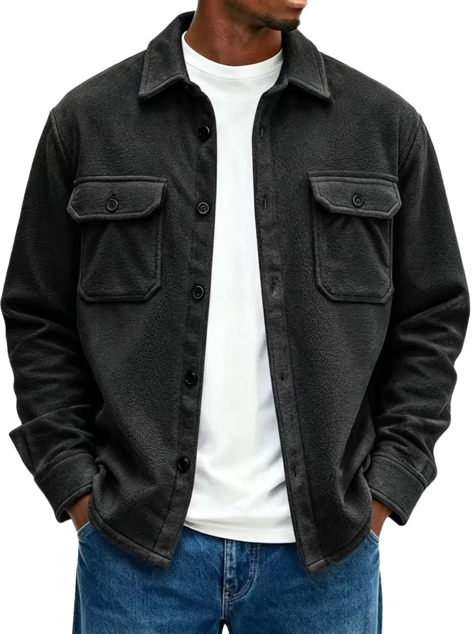 Fleece Overshirt Soft Warmth Snap-Button Front Chest Pockets