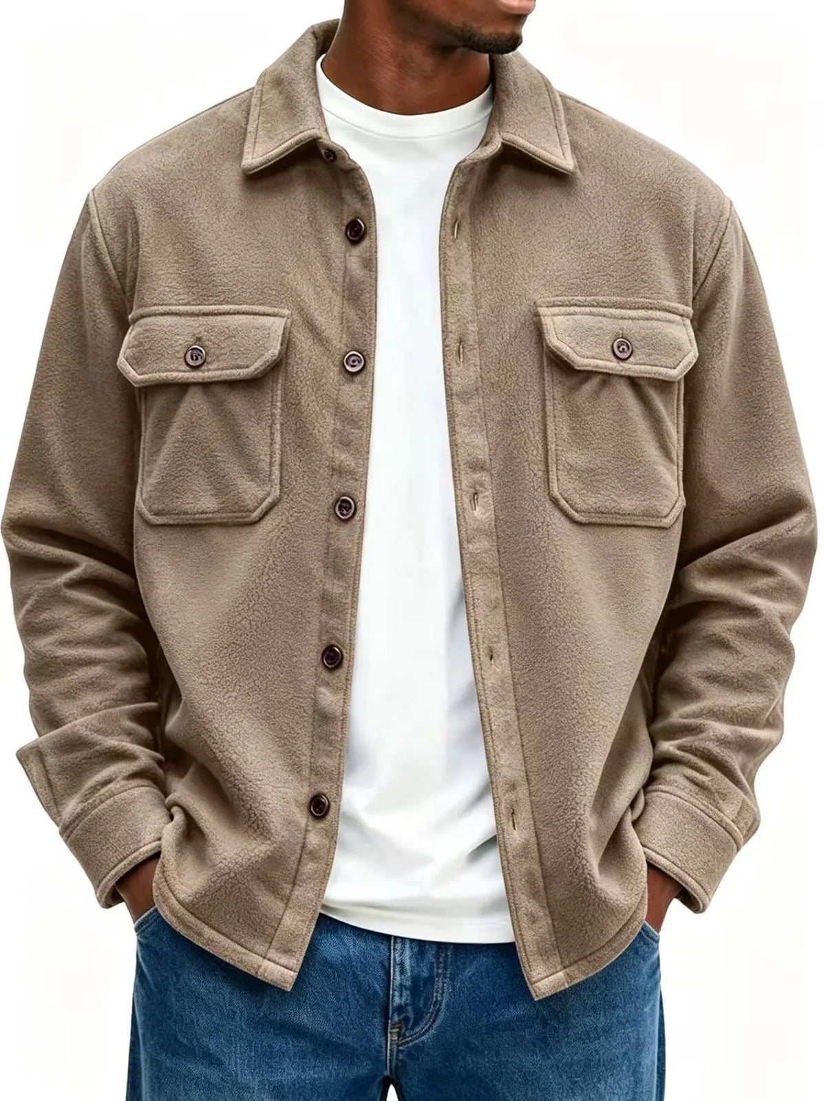 Fleece Overshirt Soft Warmth Snap-Button Front Chest Pockets