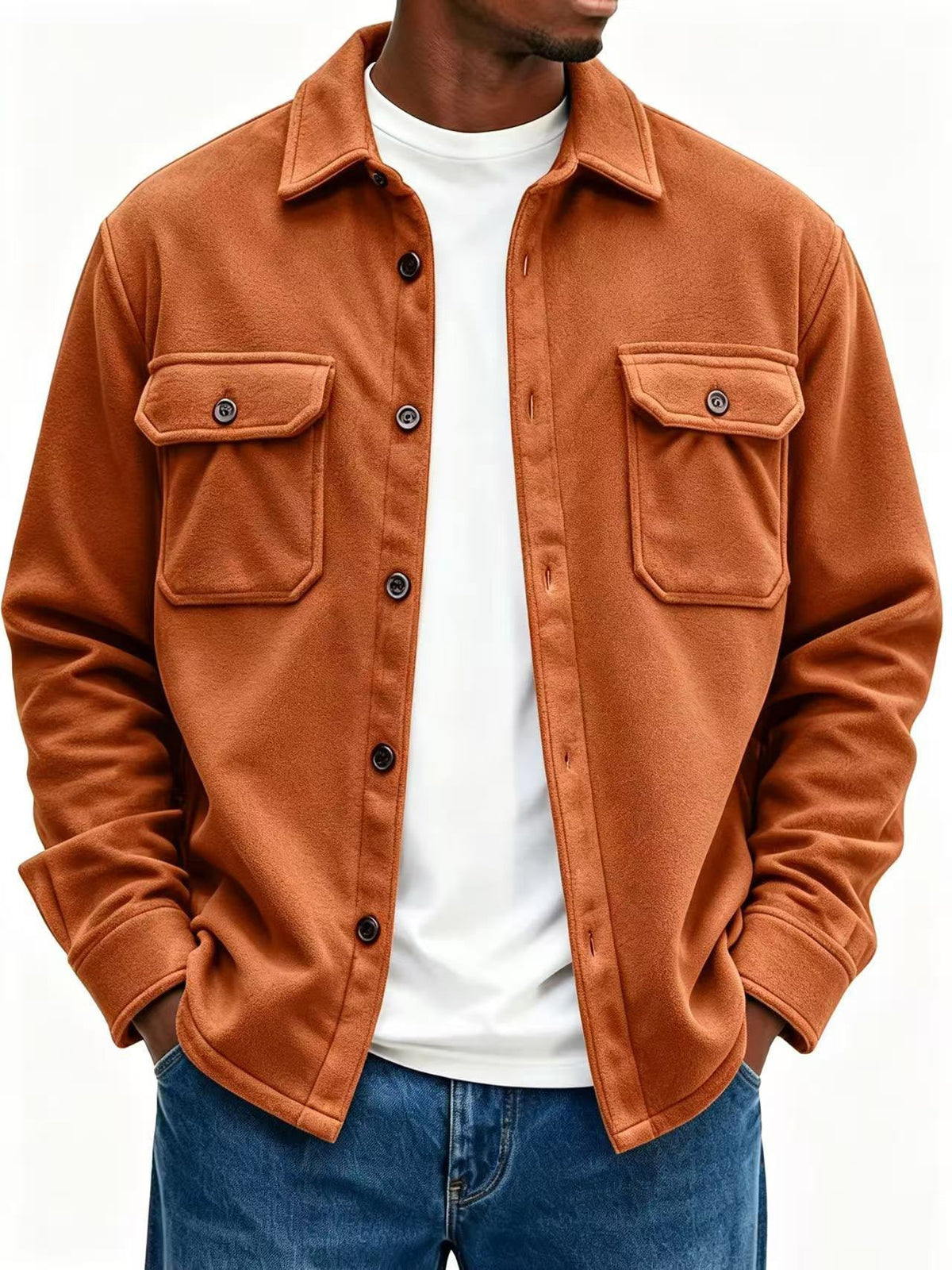 Fleece Overshirt Soft Warmth Snap-Button Front Chest Pockets