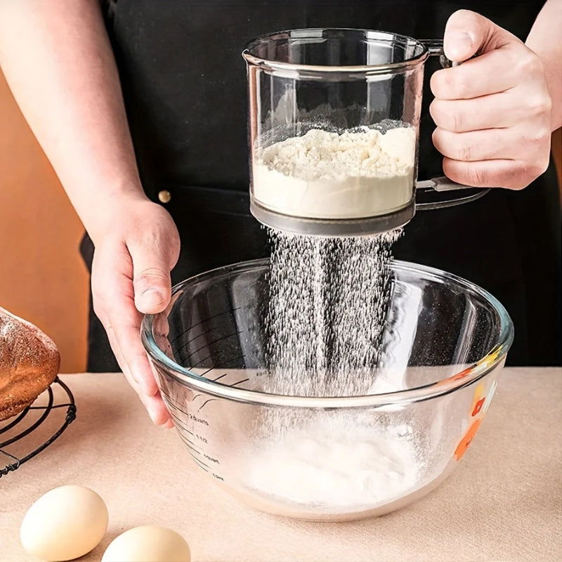 Flour Sifter One-Hand Squeeze Measurement Marks Stainless Steel Mesh