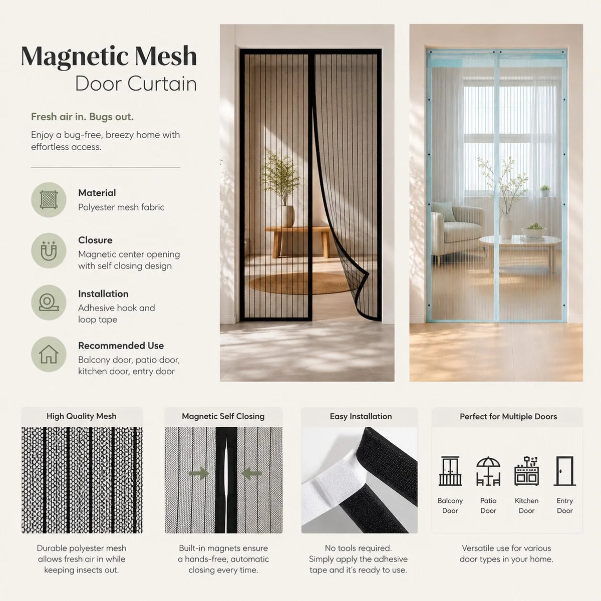 Fly Screen Door Magnetic Self-Closing Adhesive Mount