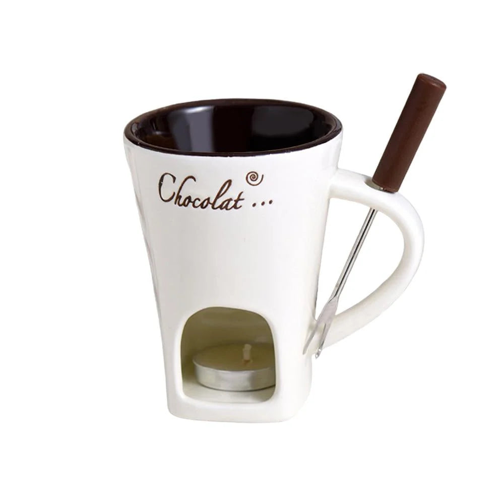 Fondue Mug Ceramic Candle-Heated Stainless Steel Fork
