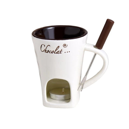Fondue Mug Ceramic Candle-Heated Stainless Steel Fork