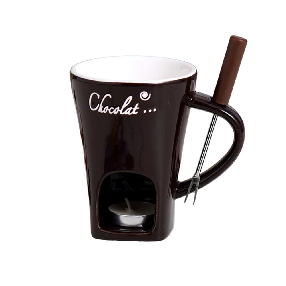 Fondue Mug Ceramic Candle-Heated Stainless Steel Fork