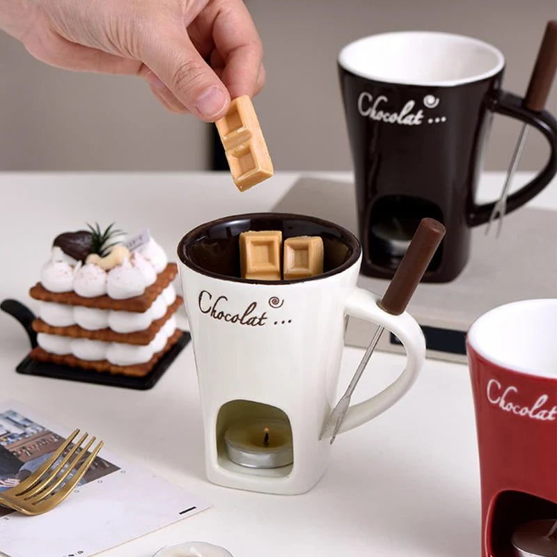 Fondue Mug Ceramic Candle-Heated Stainless Steel Fork