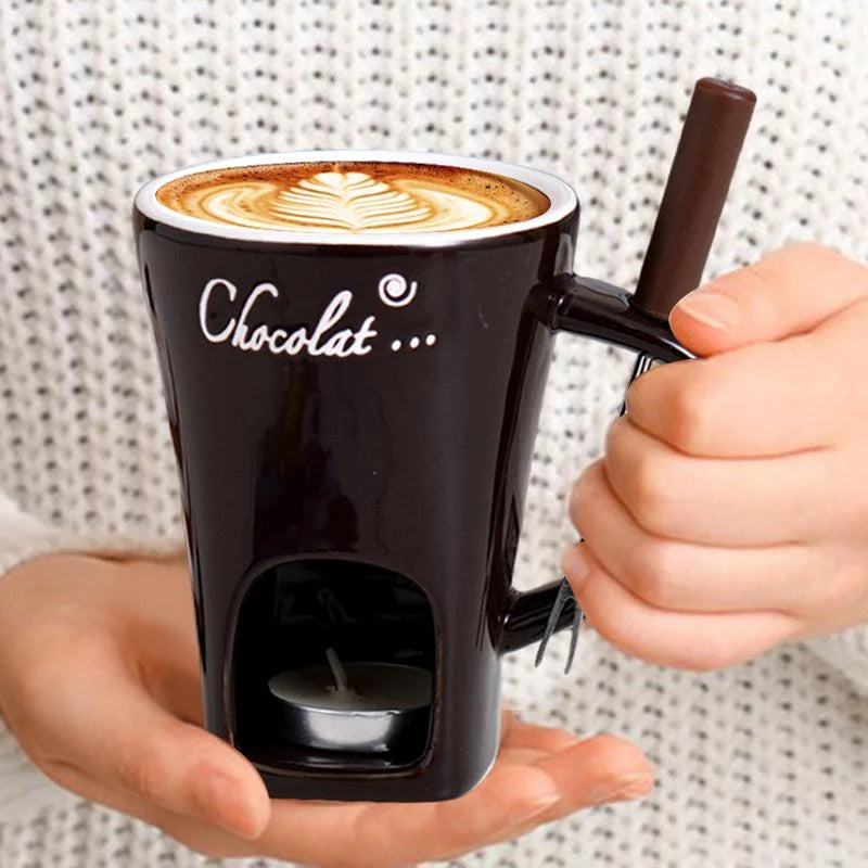 Fondue Mug Ceramic Candle-Heated Stainless Steel Fork