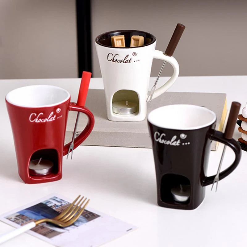 Fondue Mug Ceramic Candle-Heated Stainless Steel Fork
