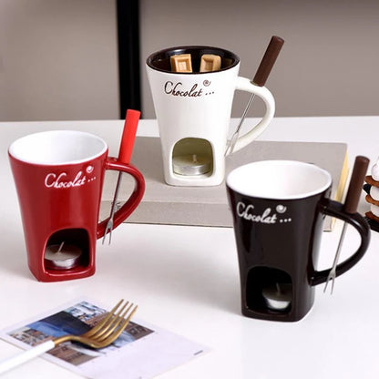 Fondue Mug Ceramic Candle-Heated Stainless Steel Fork