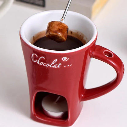 Fondue Mug Ceramic Candle-Heated Stainless Steel Fork